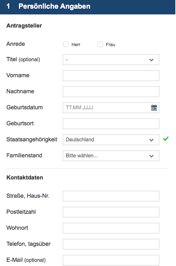 das Formular für die Depoteröffnung