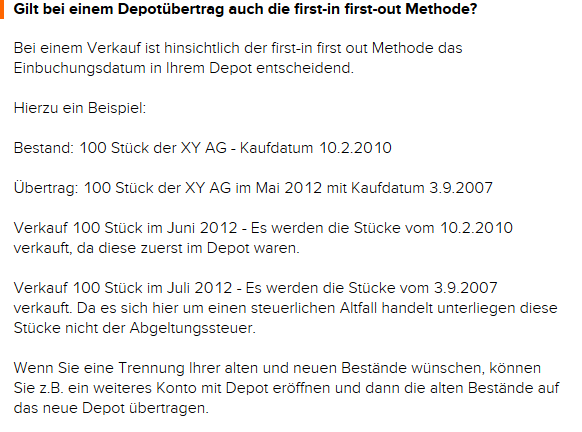 Depotübertrag mit first-in first-out Methode