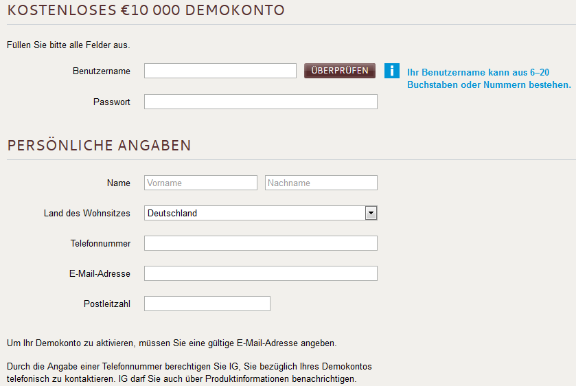Diese Daten müssen für ein Demokonto eingetragen werden 