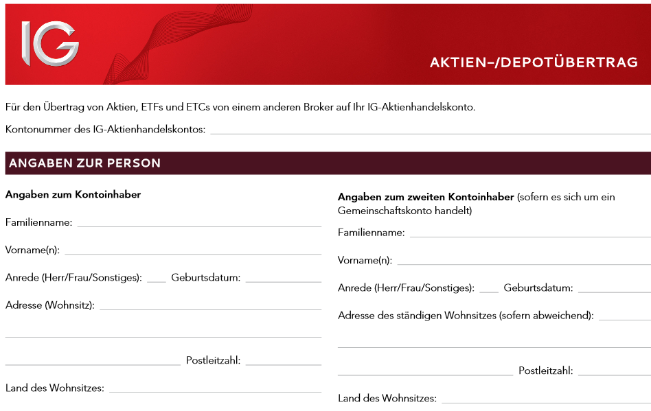 Auszug des Formulars für Depotwechsel