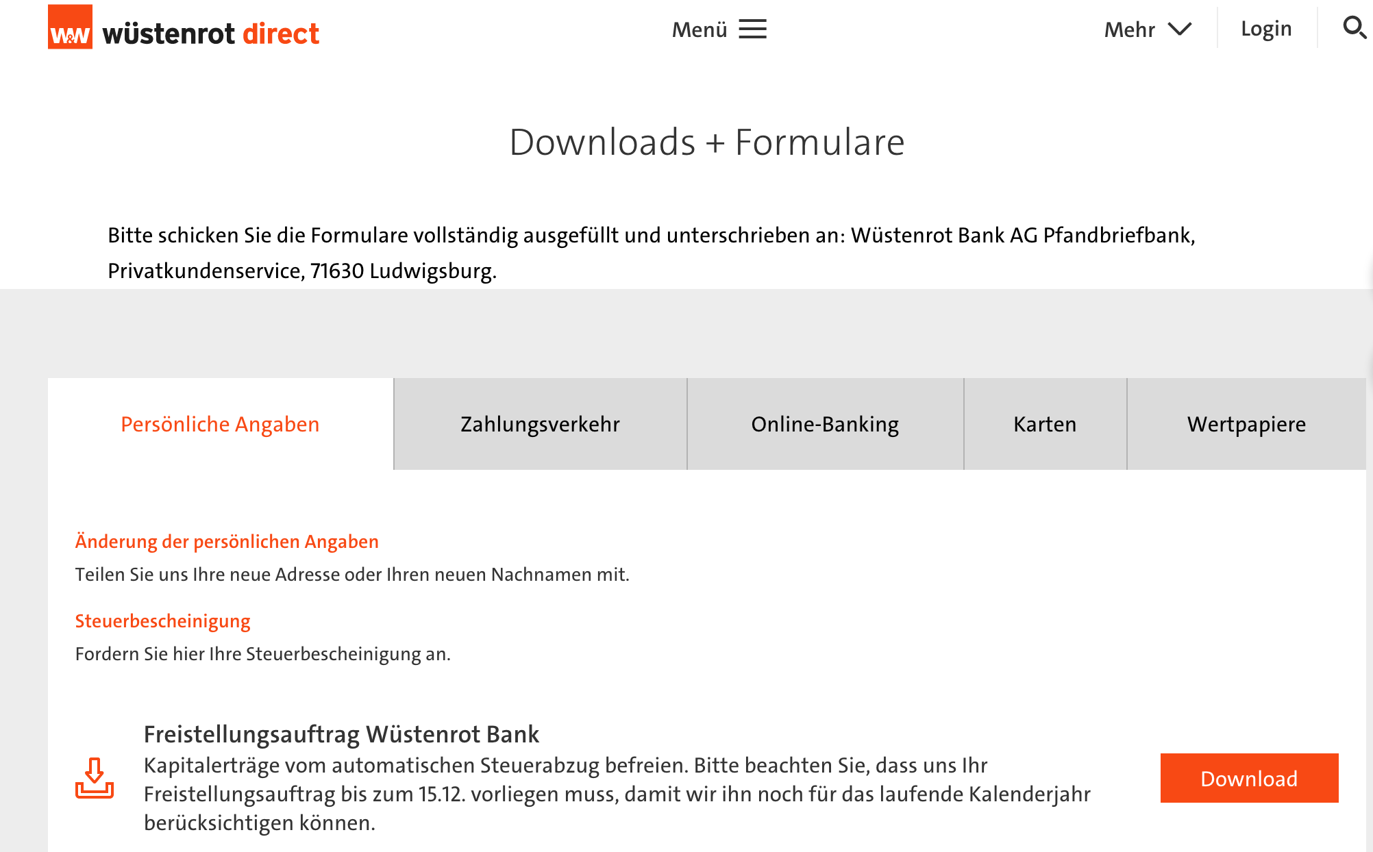 Bei Wüstenrot finden Kunden einen separaten Bereich für Downloads & Formulare