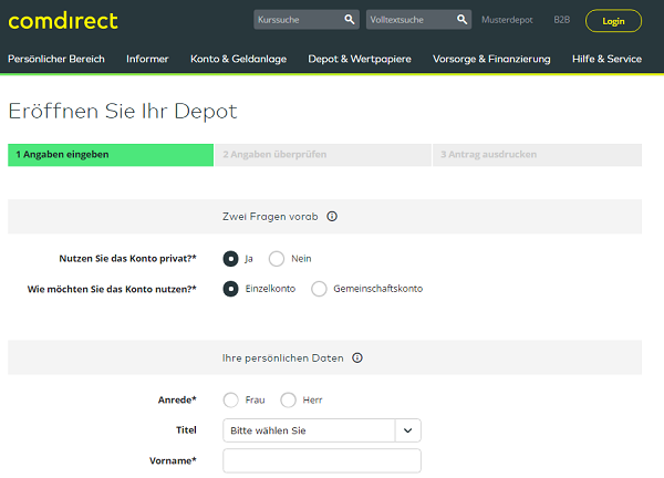 Comdirect Depot eröffnen: Das Online-Formular für die Depoteröffnung