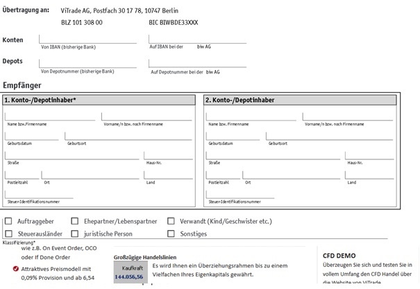 ViTrade Depotwechsel dank Vordruck