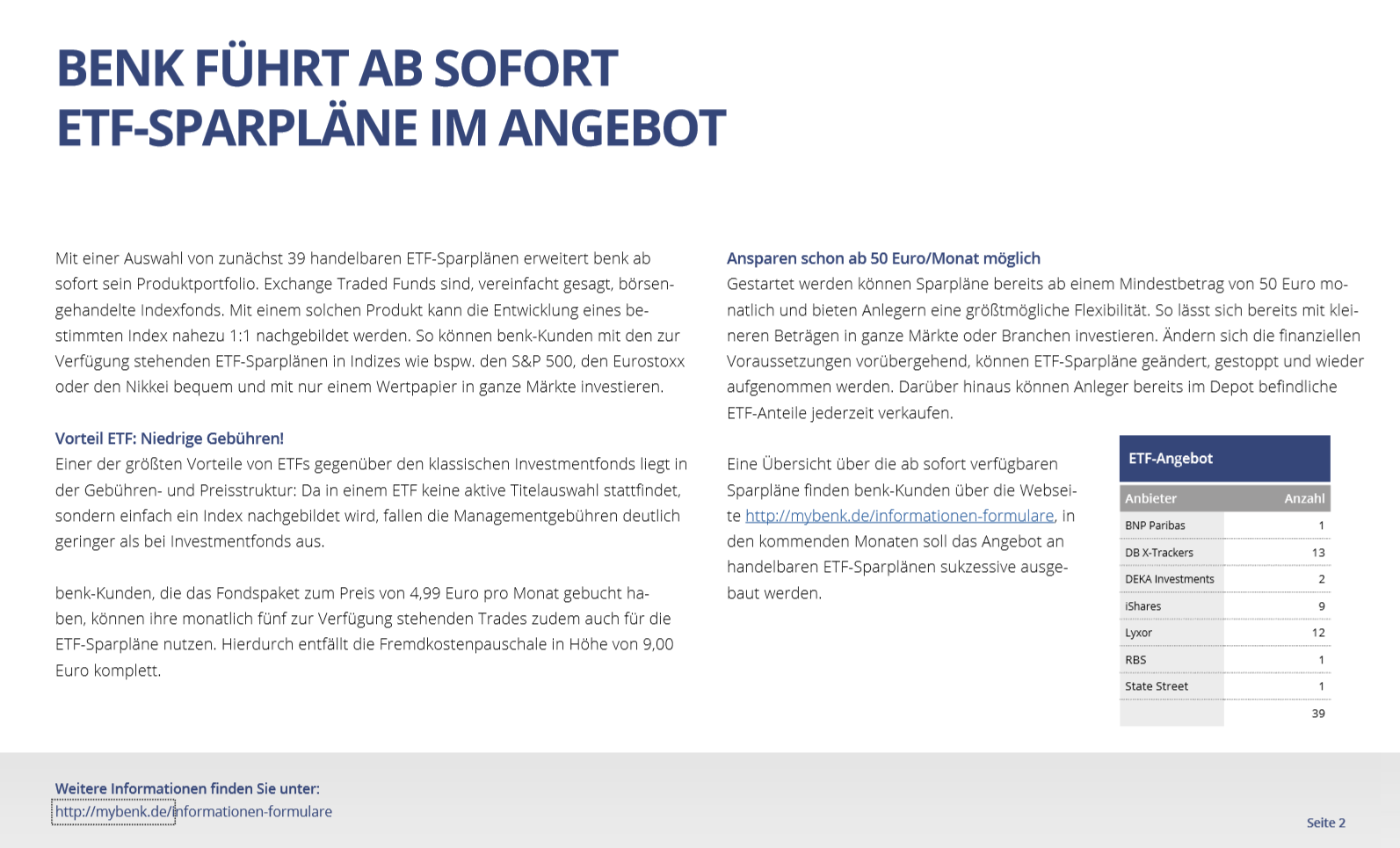 Informationen zum ETF Sparplan aus der Pressemitteilung