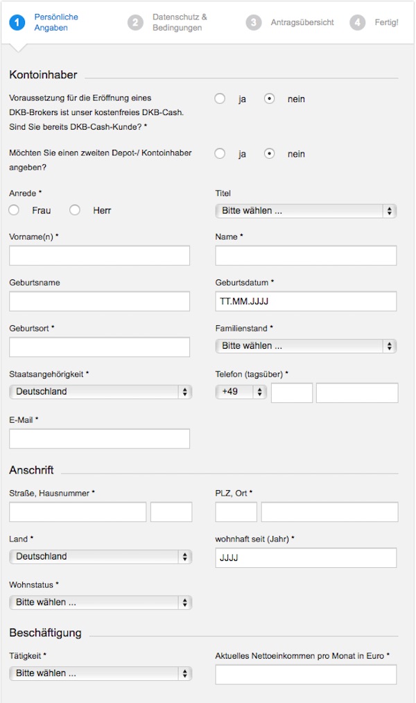 Der Online-Antrag für die Depoteröffnung