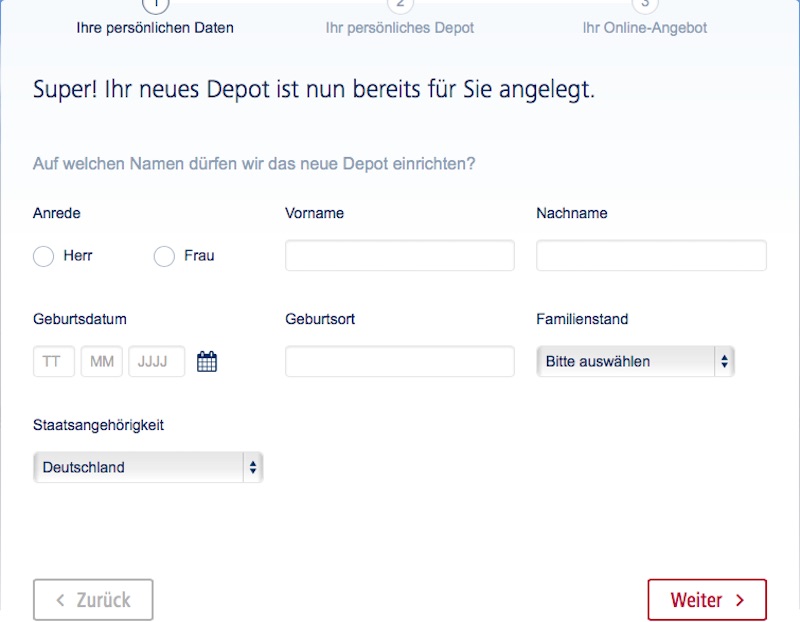 Das Online-Formular für die Depoteröffnung
